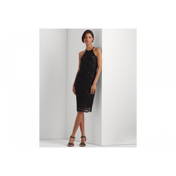 NWT Lauren Ralph Lauren Beaded Tulle Halter Dress 253900092001 16 Polo Black - Picture 1 of 4